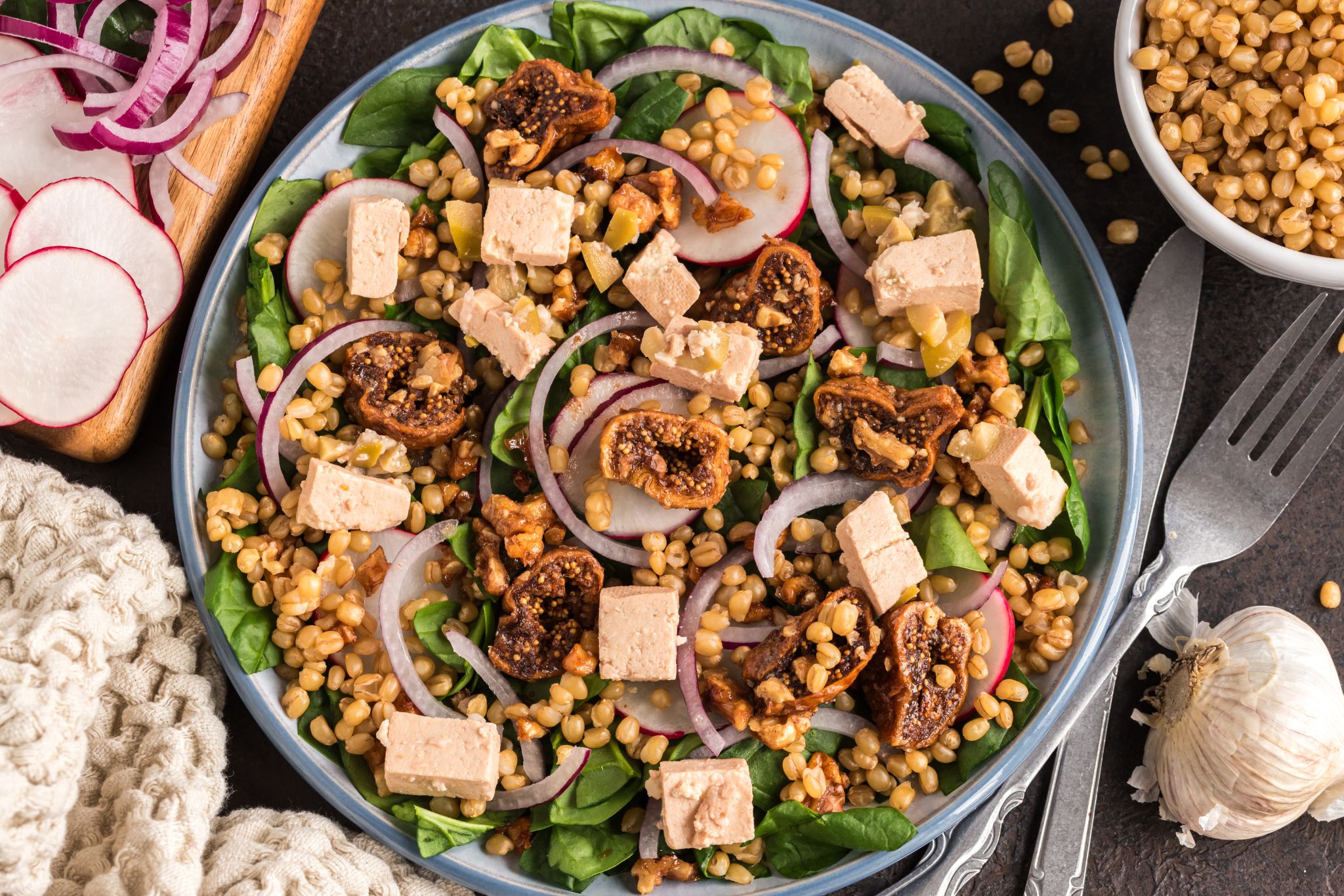 Roasted Fig and Walnut Arugula Salad with Wheat Berries and Vegan Feta